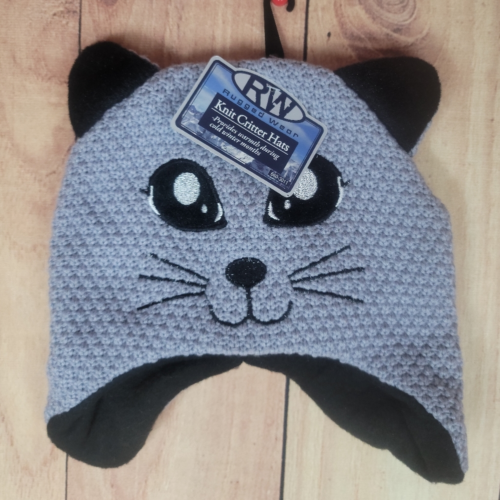 RW Girls Knitted Beanie Hat, Kitty Hat One Size Black And Grey